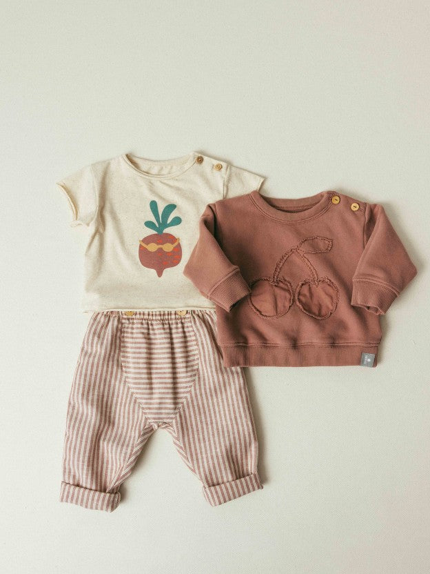 Pantalón pull-up de tela a rayas Snug, terracota