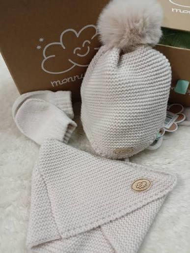 CONJUNTO GORRO+BUFF+MANOPLAS BEIGE POMPOM
