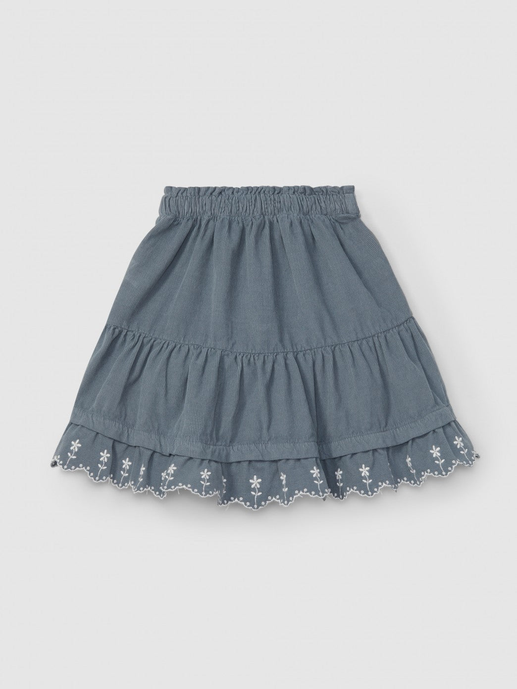 Falda de pana con volante de flores bordadas Laranjinha, azul petróleo