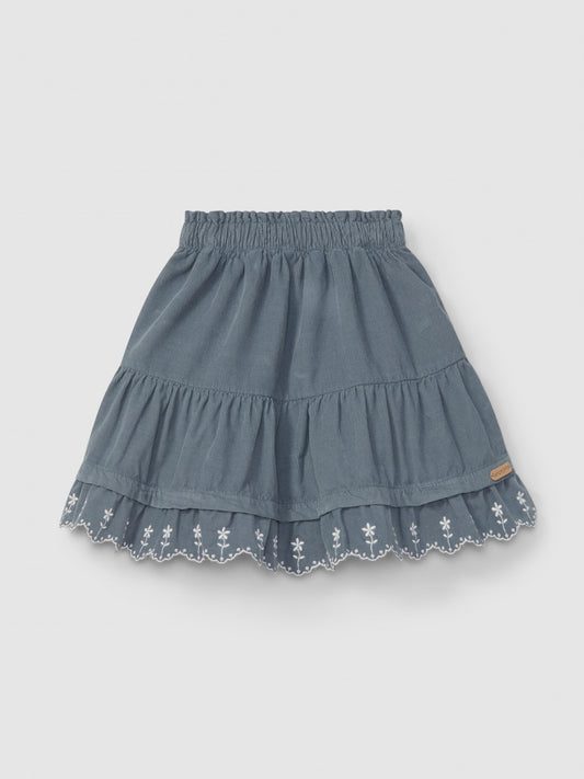 Falda de pana con volante de flores bordadas Laranjinha, azul petróleo
