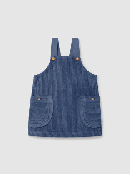 Falda con peto de pana con bolsillos y volante Laranjinha, indigo