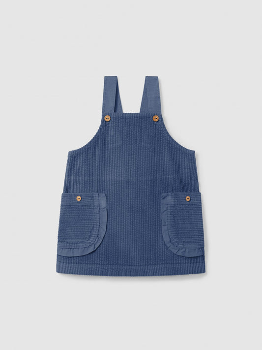 Falda con peto de pana con bolsillos y volante Laranjinha, indigo