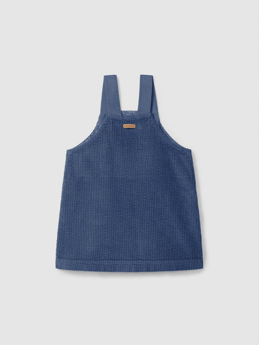Falda con peto de pana con bolsillos y volante Laranjinha, indigo