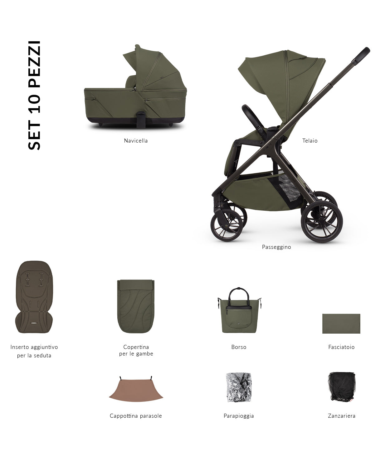 Cochecito Venicci Tila 2 en 1 — Olive: contenido del set