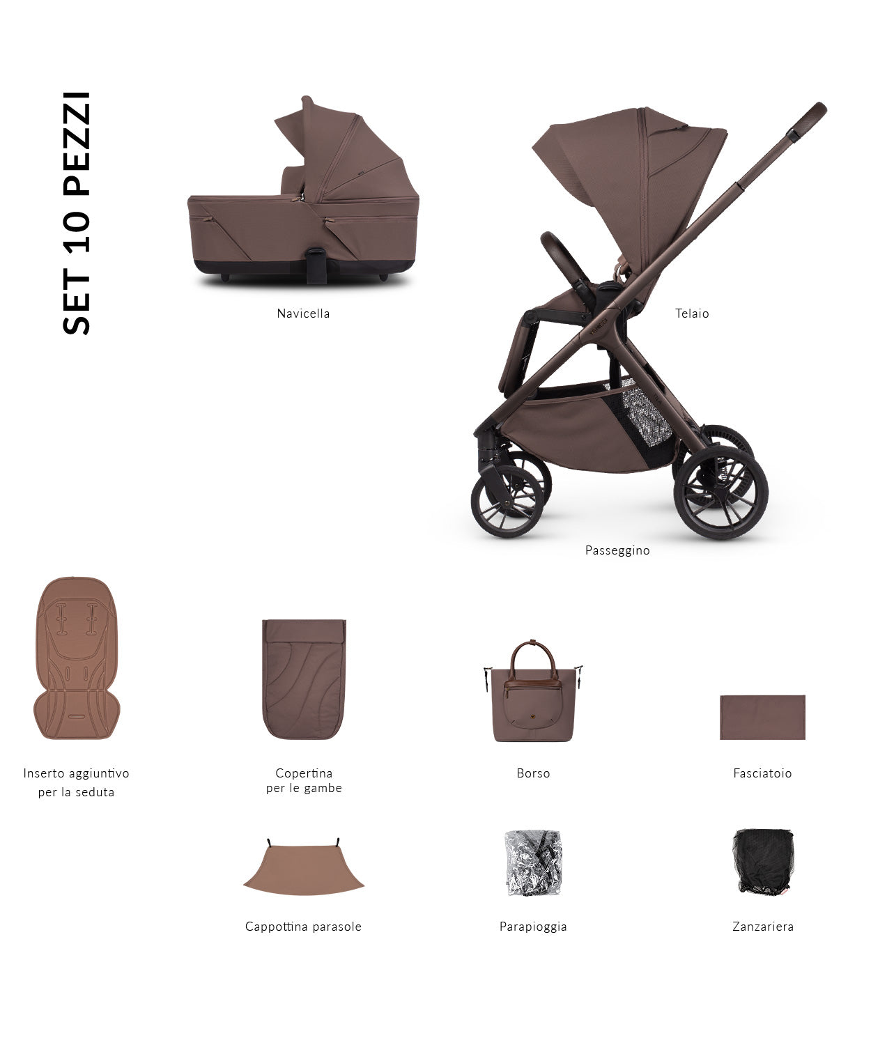 Cochecito Venicci Tila 2 en 1 — Noce: contenido del set