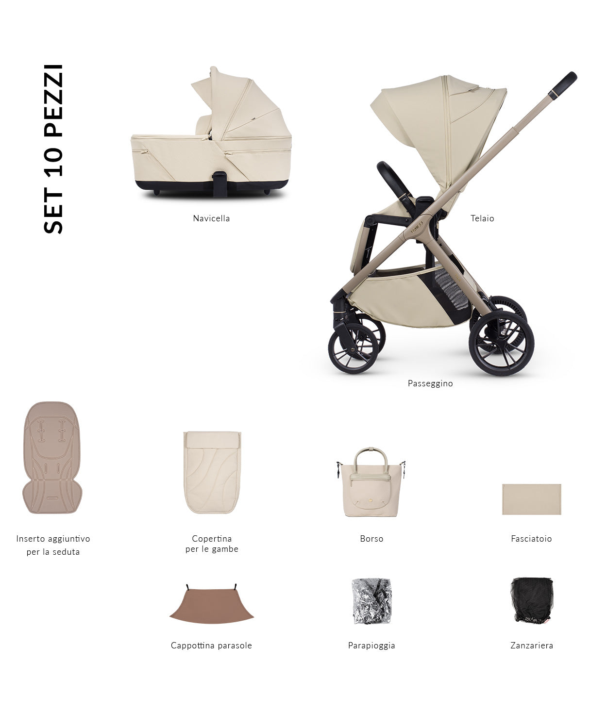 Cochecito Venicci Tila 2 en 1 — Sabbia: contenido del set