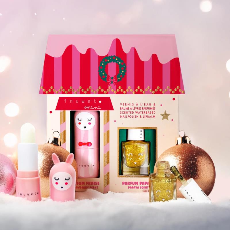 Casa Juliette Navidad: bálsamo labial fresa + esmalte de uñas dorado aroma papaya