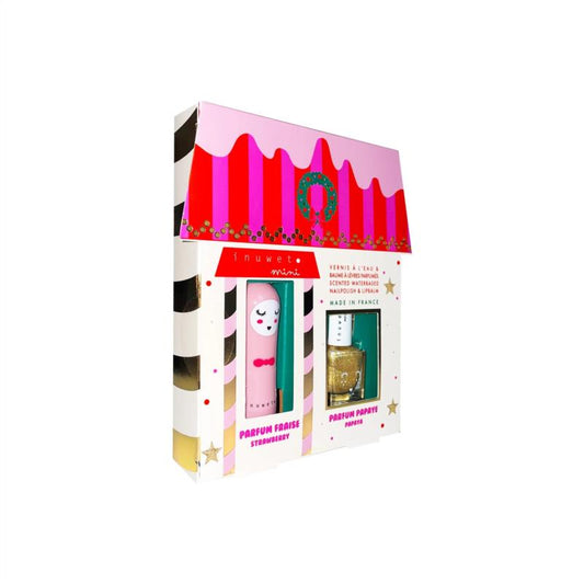 Casa Juliette Navidad: bálsamo labial fresa + esmalte de uñas dorado aroma papaya