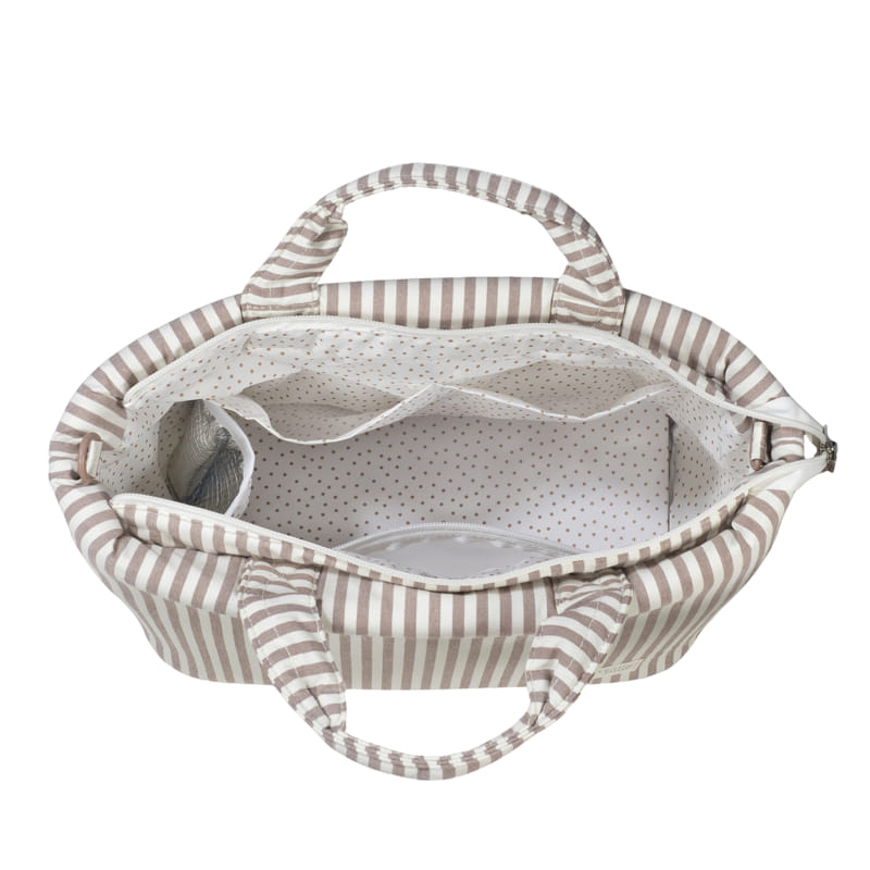 Bolsa canastilla praline rayas moka - en uso 2