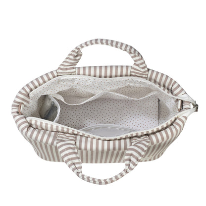 Bolsa canastilla praline rayas moka - en uso 2