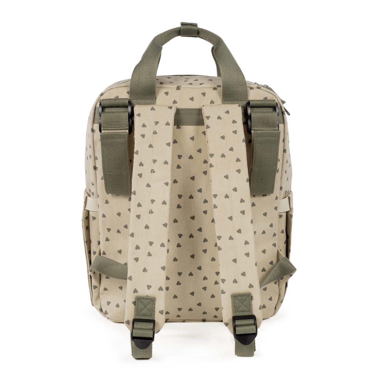 Mochila Corazones Poppy Musgo - en uso