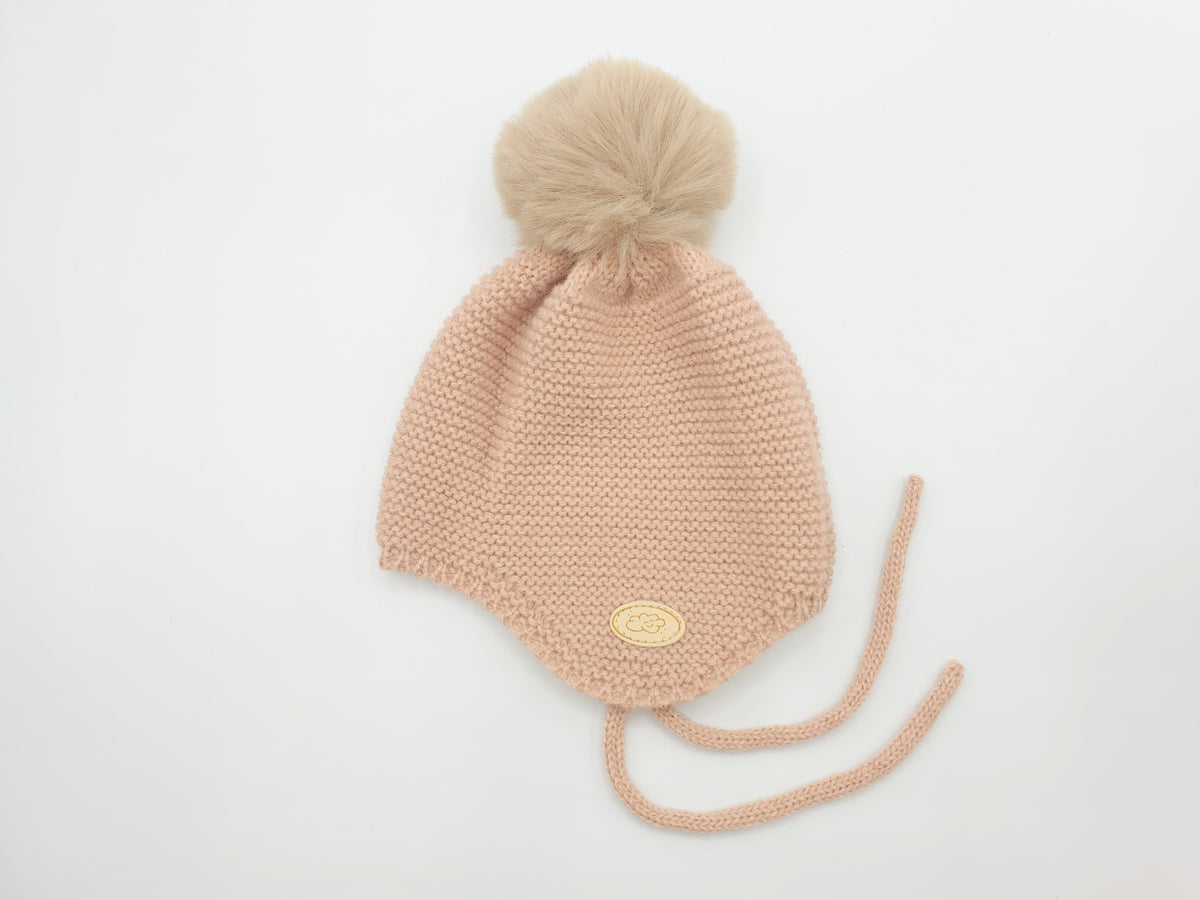 Gorro punto bobo con orejeras y pompón Monnuage - Rosa empolvado, 0-4 meses